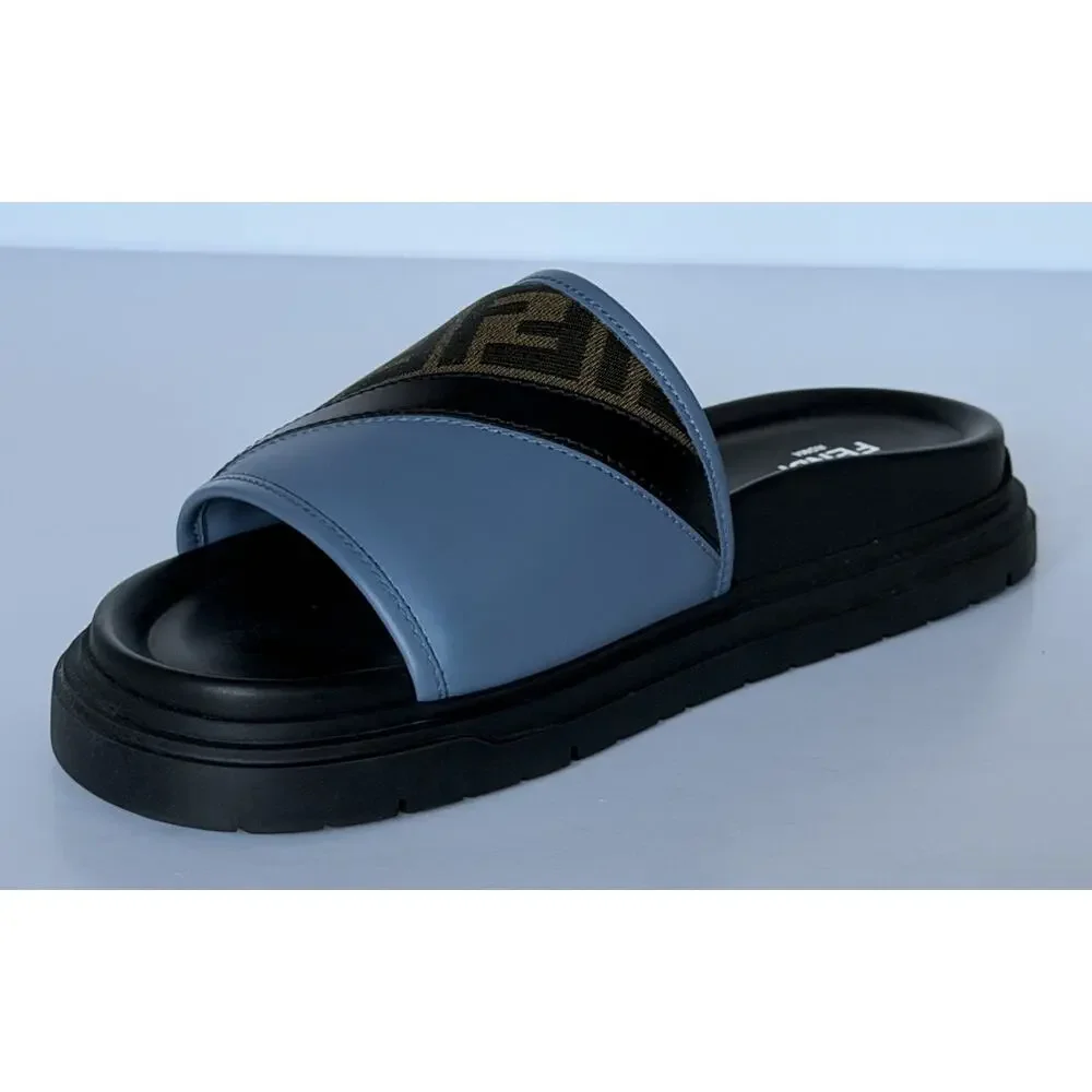 Fendi Men's FF Diagonal Leather/Fabric Slide Sandals 10 US/9 UK 7X1674 NWT $595